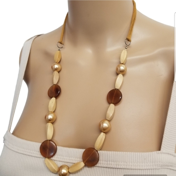 VINTAGE WOOD, FAUX PEARL & DISK BEAD NECKLACE WITH STERLING SILVER HARDWARE - Picture 2 of 6
